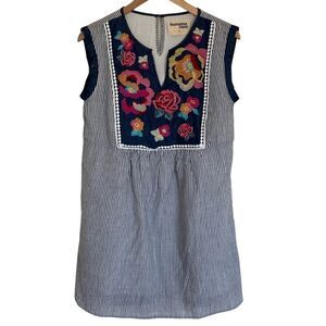 Savanna Jane Bib Sleeveless Dress Womens Size S‎ Navy White Embroidery